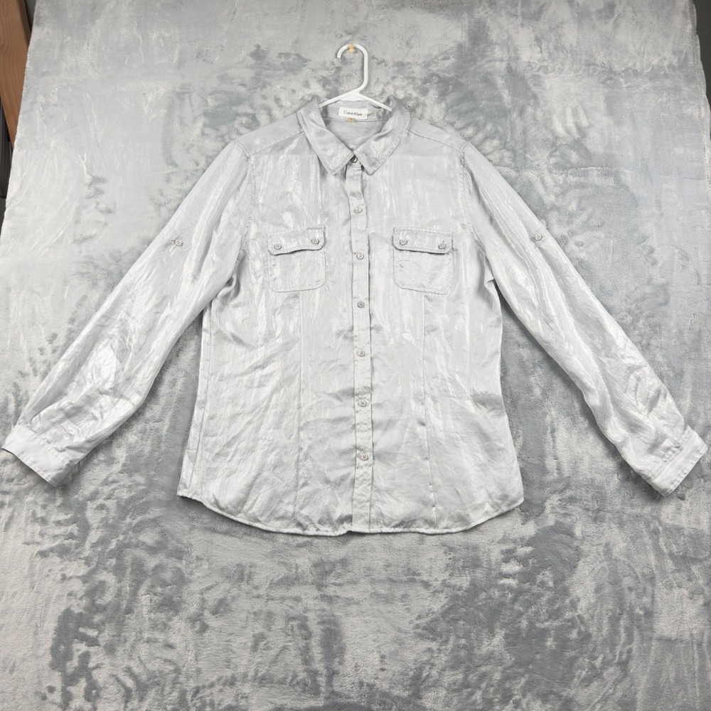 Calvin Klein Womens Metallic Silver Button Down Shirt Roll Tab Size L